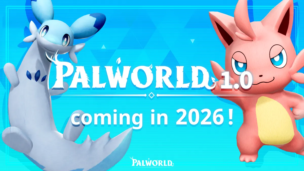 Pocketpair's own announcement art for the Palworld 1.0 release, two Pals beside the 1.0 title